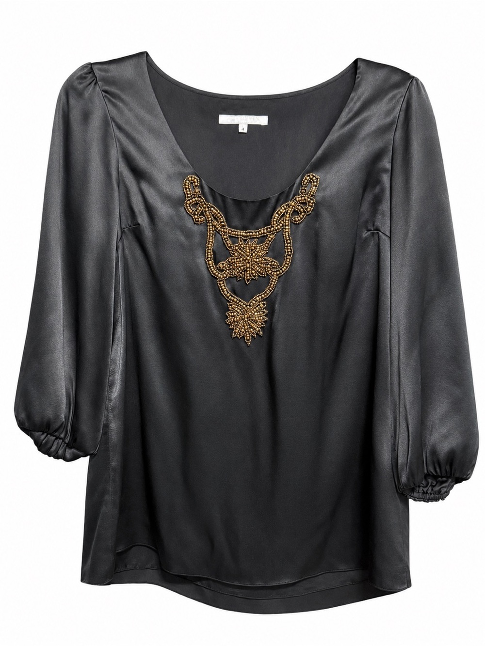 Tibi Black 100% Silk Blouse with Gold Hand-Beaded Neckline